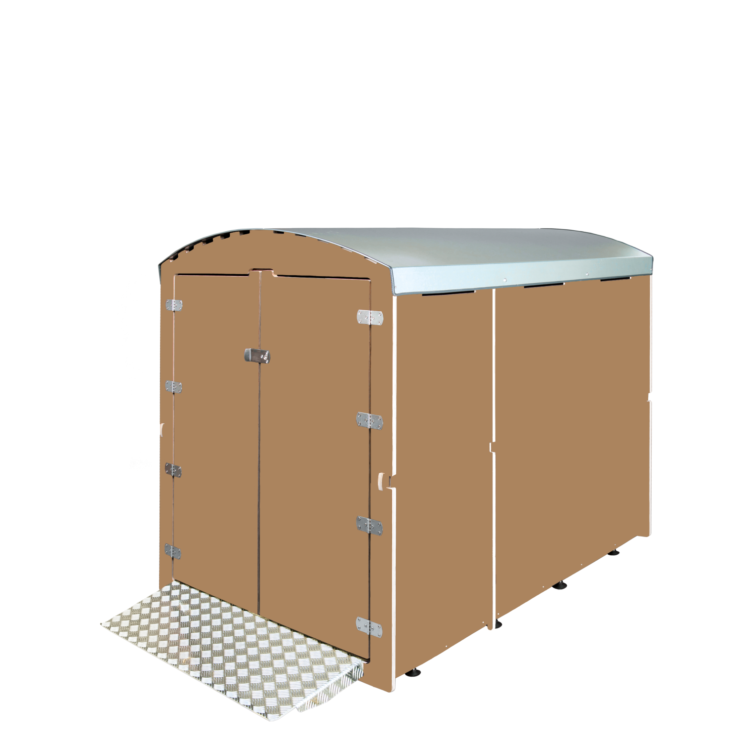 Hellbraune XXL Fahrradgarage mit Doppeltür, Metallrampen und silbernem gewölbtem Dach