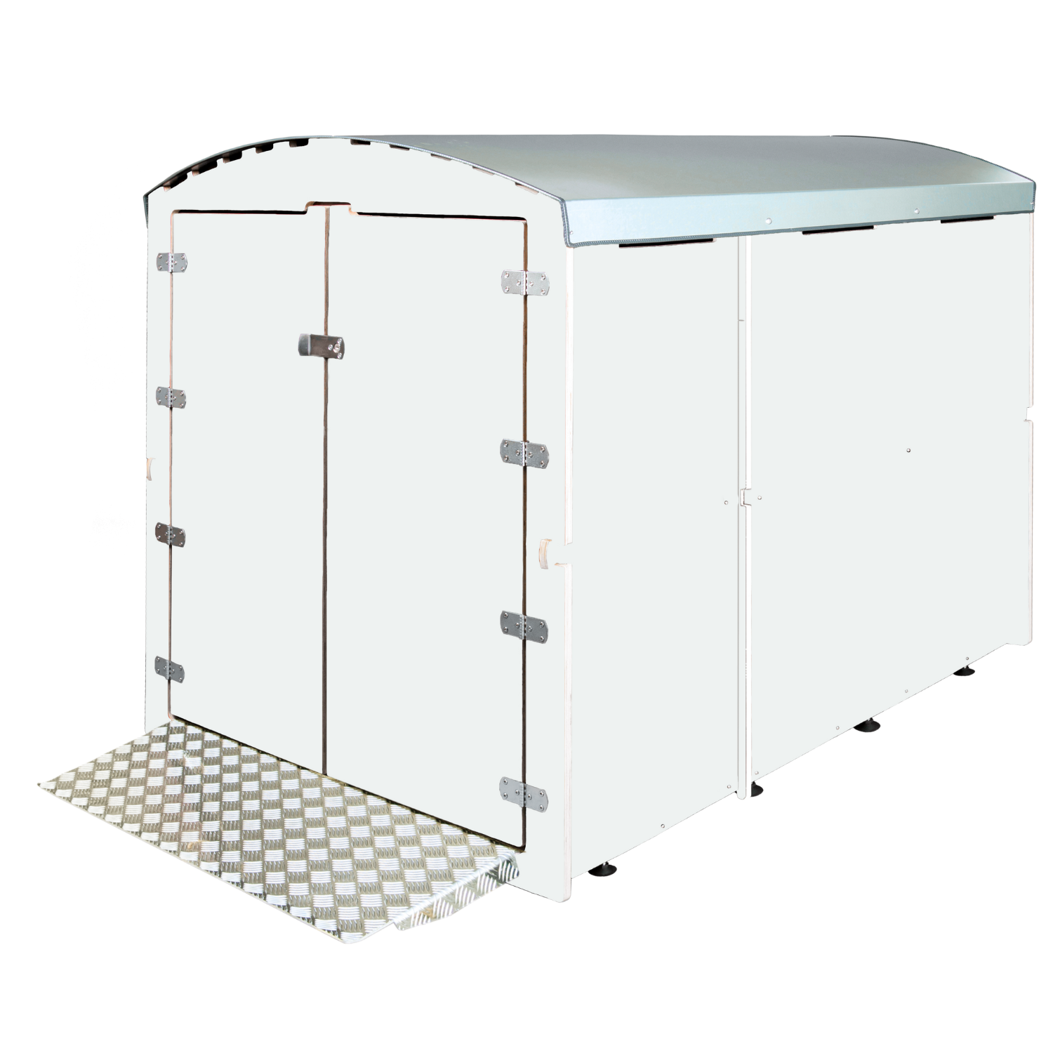 Großer weißer Lagercontainer mit Doppeltür und Auffahrrampe aus Metall