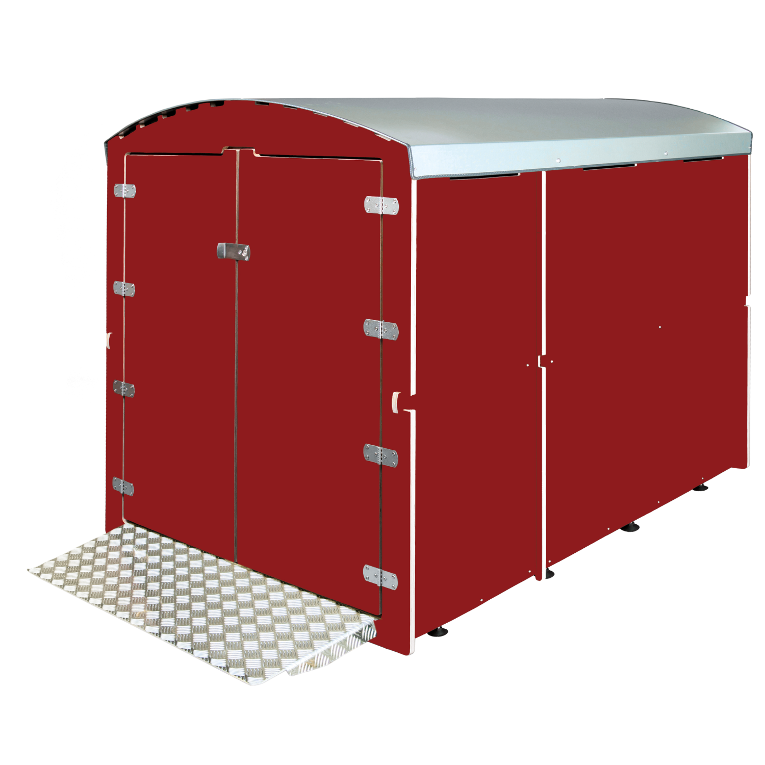 Dunkelrotes XXL Rollabo Schutzhäuschen mit silberner Rampe und weißem Dach in Halbtotale