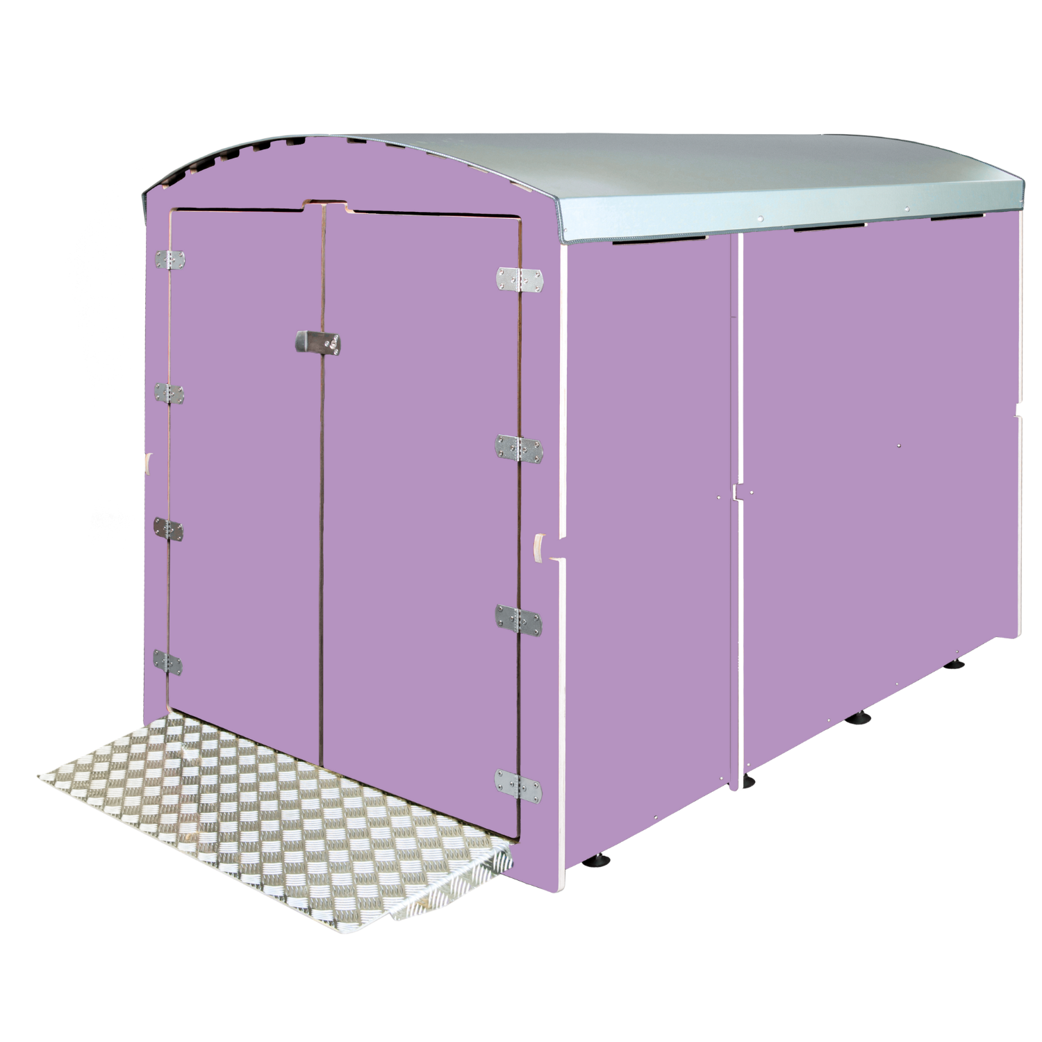 Lila Fahrradgarage mit Metall-Doppeltür und Rampe aus Riffelblech, robust und wetterfest