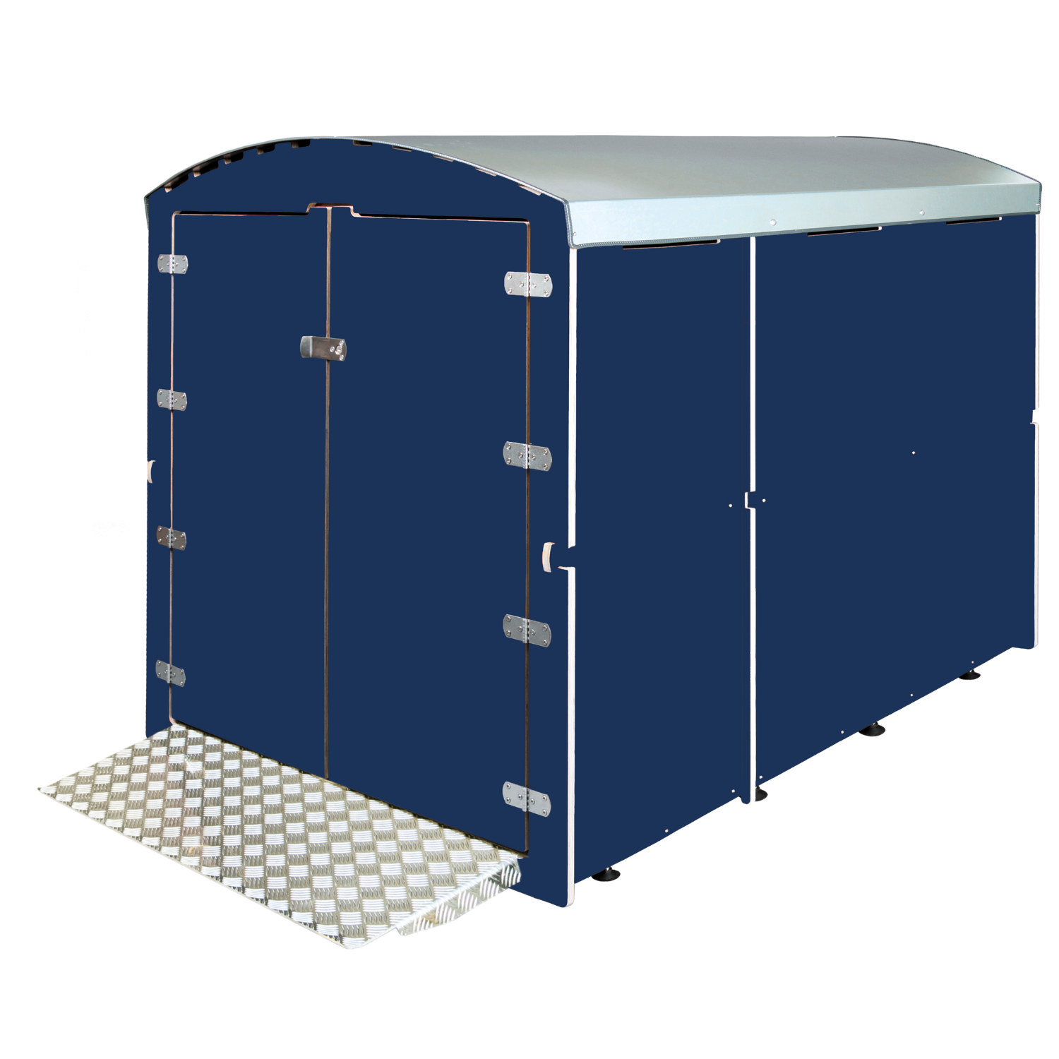 Großes blaues Outdoor-Zelt mit Metallrampe und doppelter Tür, rechteckige Form