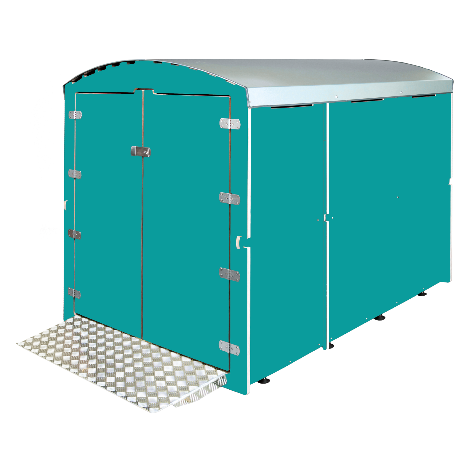 Türkisfarbener geschlossener XXL-Rollabo mit Rampe und silberner Dachabdeckung