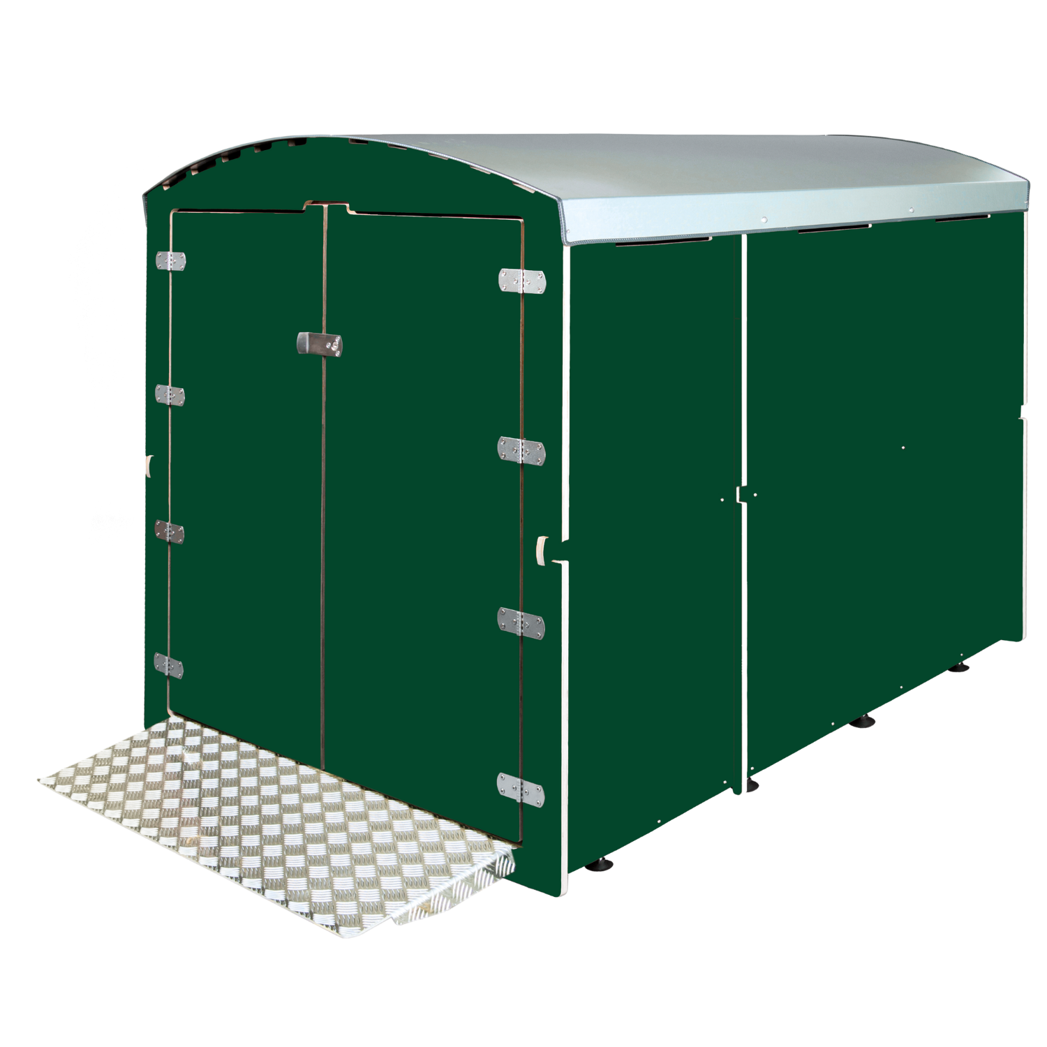 Dunkelgrünes großes Stahlgarage mit silbernem Wellblechdach und Rampenzugang