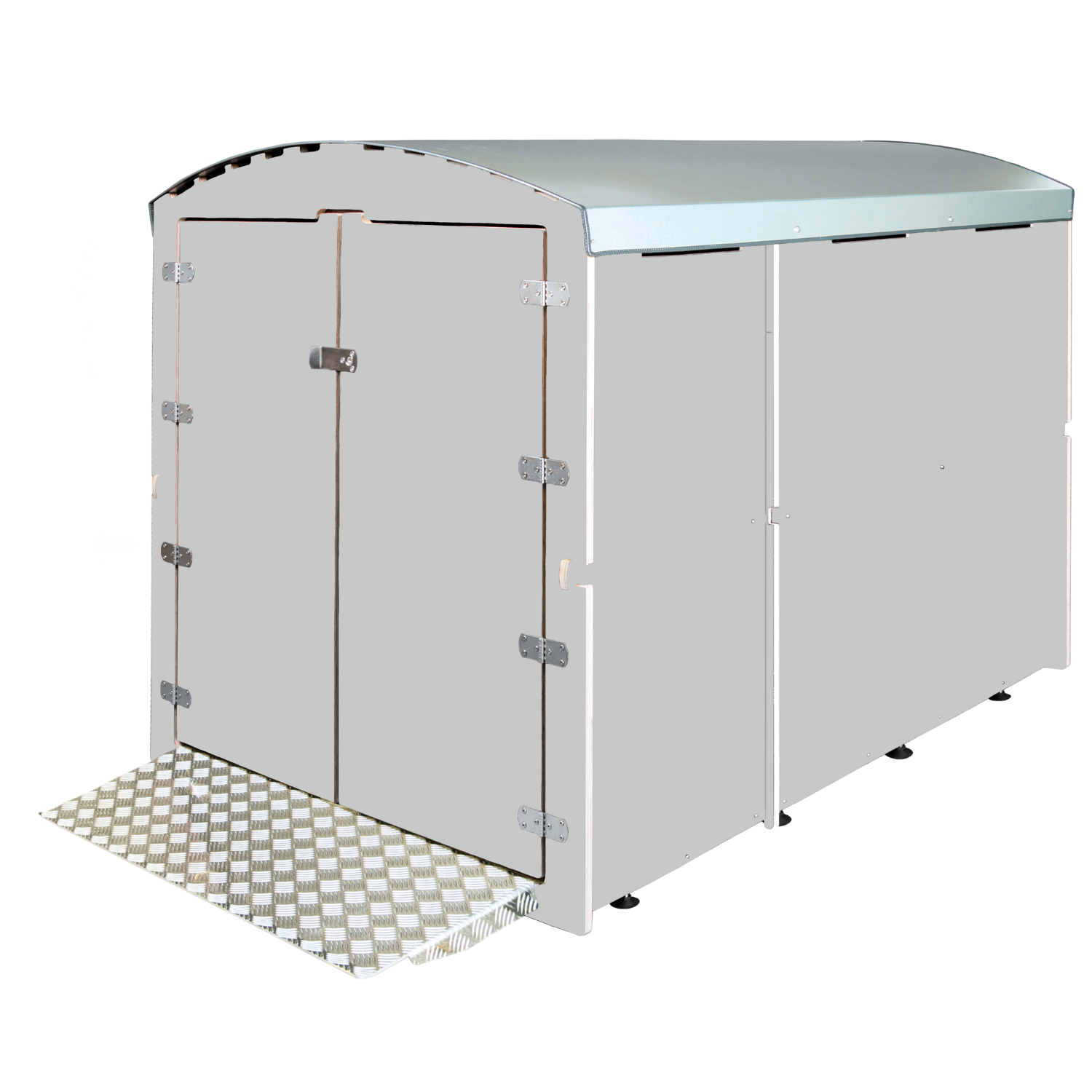 Hellgraue XXL Fahrradgarage mit Doppeltür, metallischem Rampeneingang und stabilem Dach