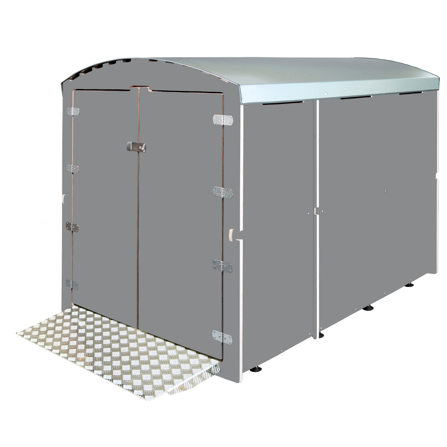 XXL wetterfeste Abstellbox mit Doppeltür und Rampe in Telegrau für sicheren Stauraum