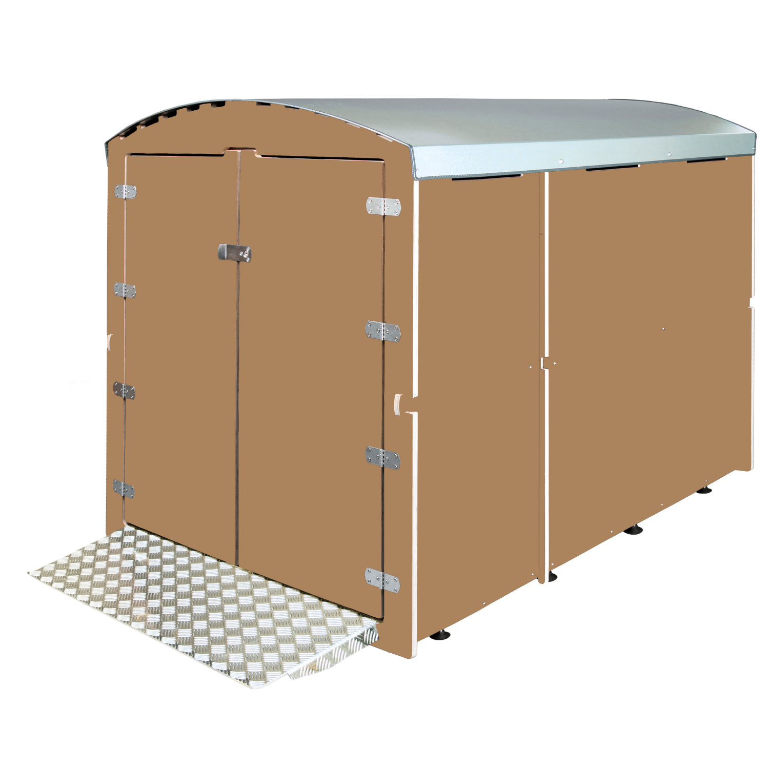 Hellbraune XXL Fahrradhütte mit silberner Metall-Dachabdeckung und Rampe