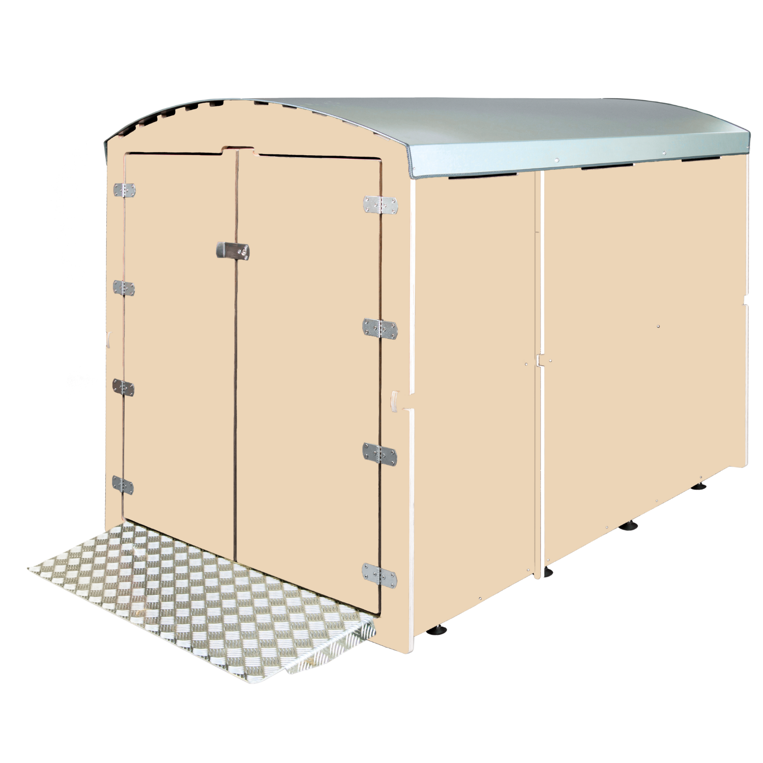 Beiger XXL Fahrradanhänger mit metallener Rampe und Doppelstahltüren auf weißem Hintergrund