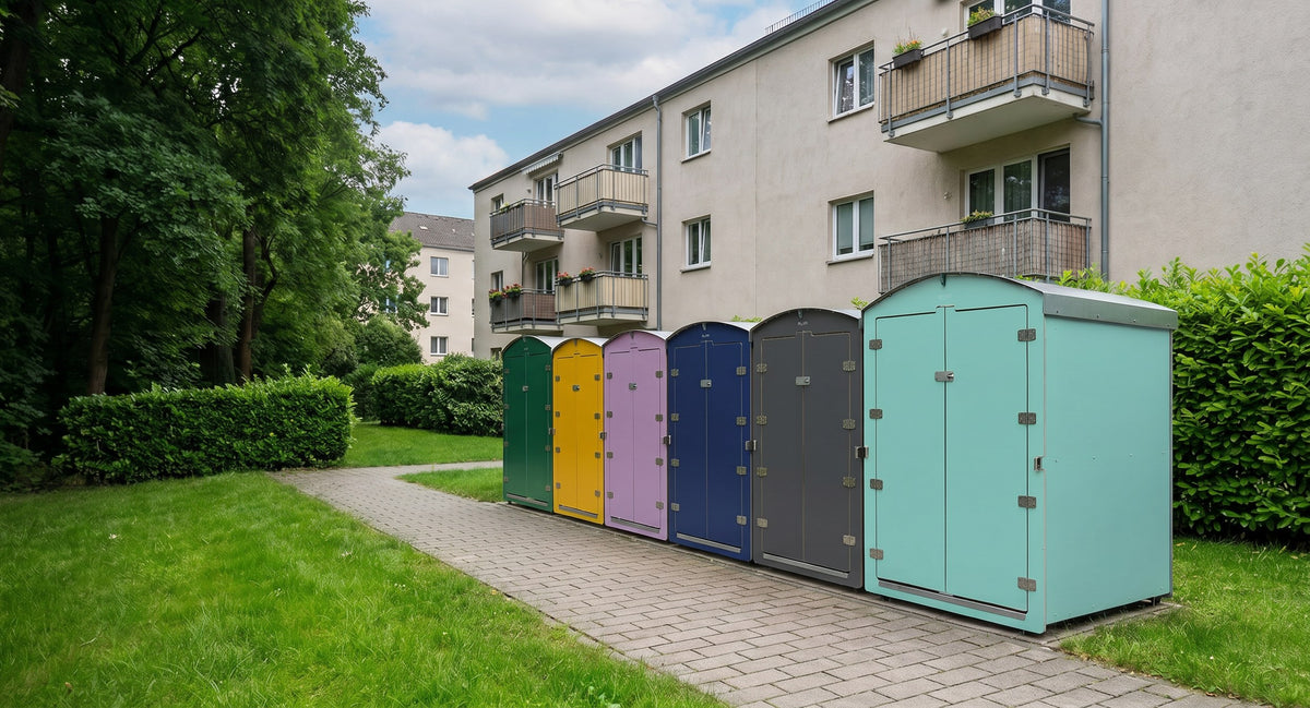 Kiwabo Boxen in matten Wunschfarben vor einem Wohnhaus, vorne die neuen Farben Mint und Dunkelgrau