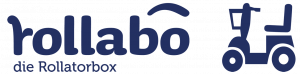Rollabo Logo mit Rollator-Grafik und Text 'die Rollatorbox' in dunkelblau